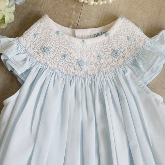 Smocked Blue and White Heirloom Romper Boutique Pin Tucks Bullion Embroidery NWT - Picture 2 of 5